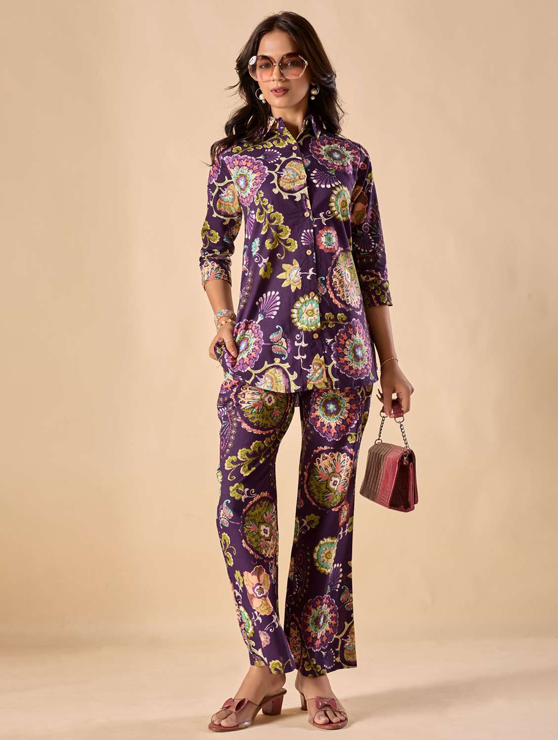 women floral three quarter sleeve ethnic co-ord set