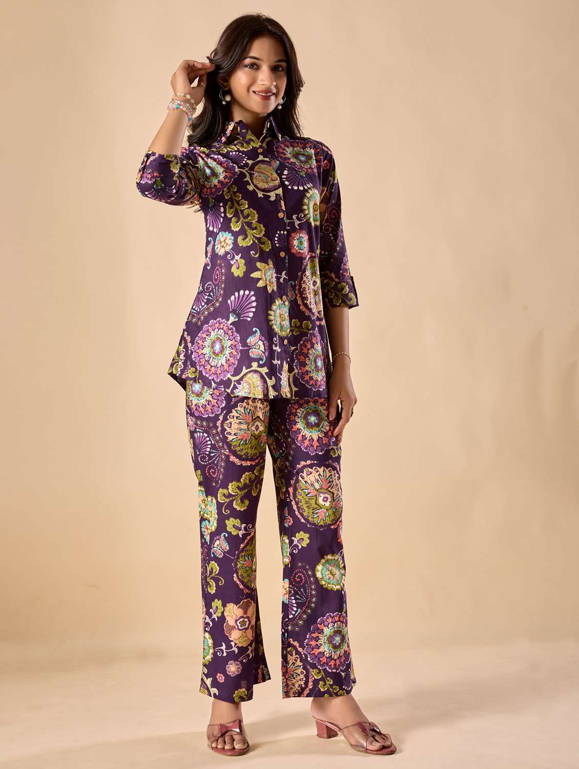 women floral three quarter sleeve ethnic co-ord set - 22071338 -  Standard Image - 3
