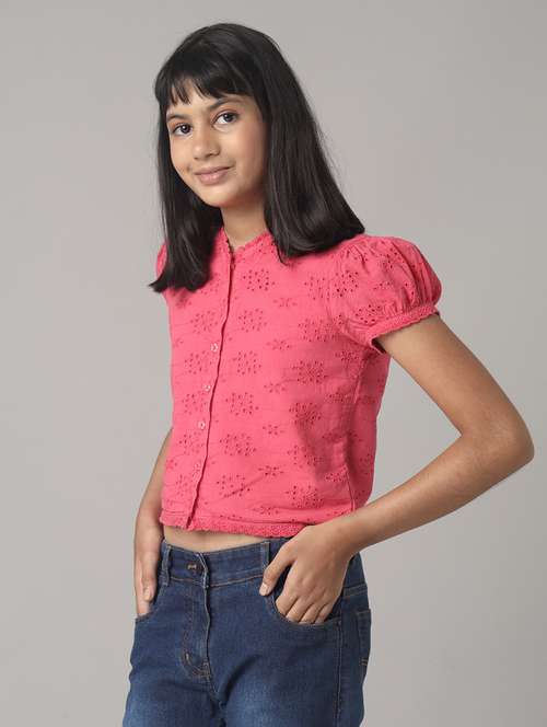girls solid puff sleeve schiffli top - 22071455 -  Standard Image - 0