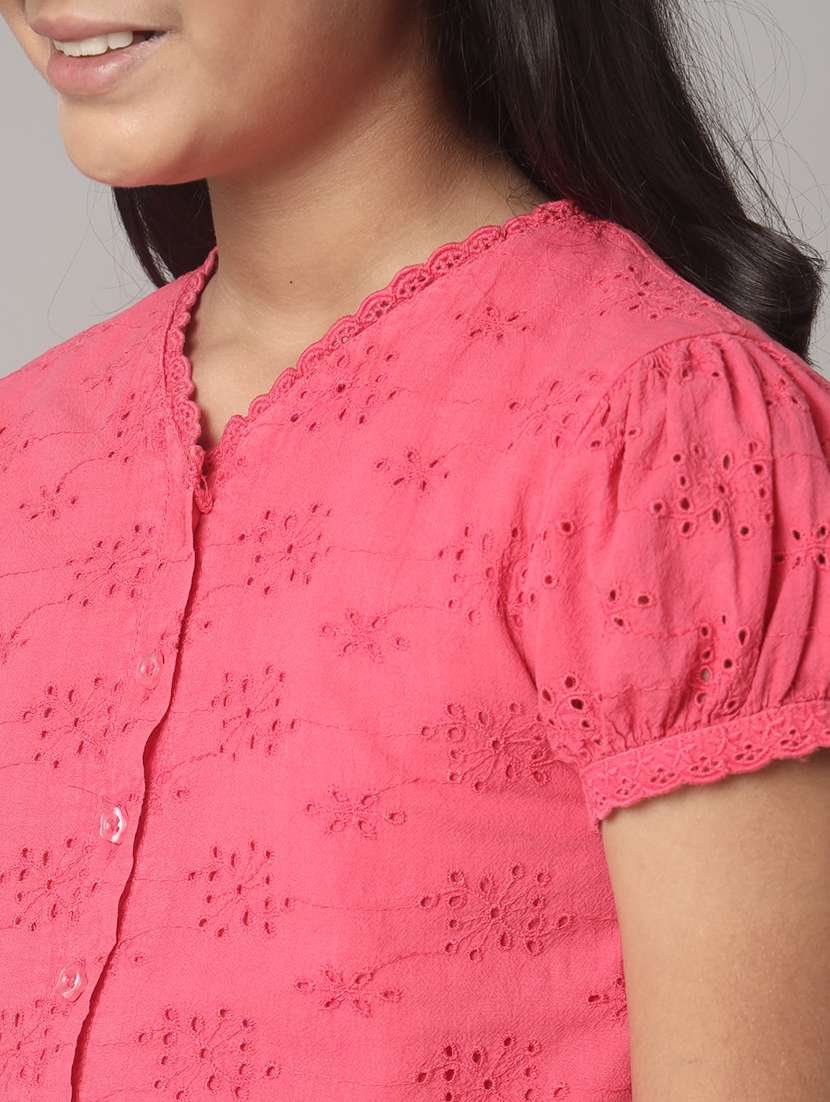 girls solid puff sleeve schiffli top - 22071455 - Standard Image - 3