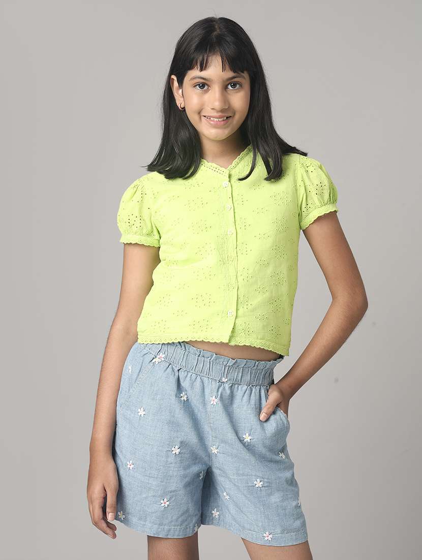 girls solid puff sleeve schiffli top