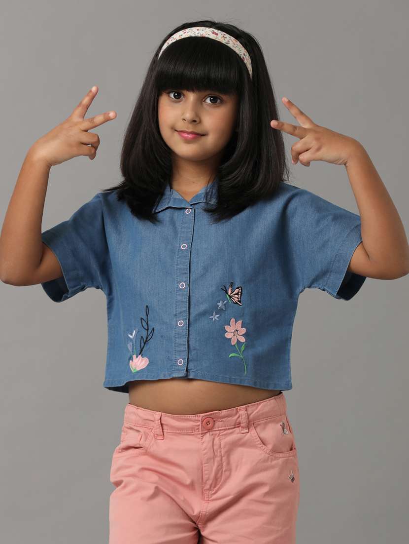 girls solid short sleeve collared top