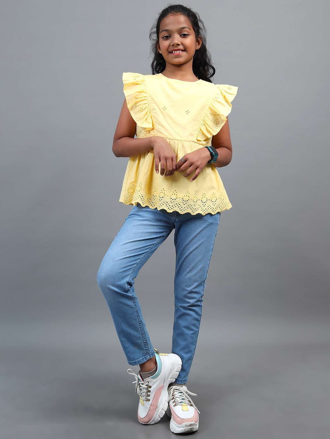 girls solid round neck schiffli top - 22071465 - Standard Image - 3