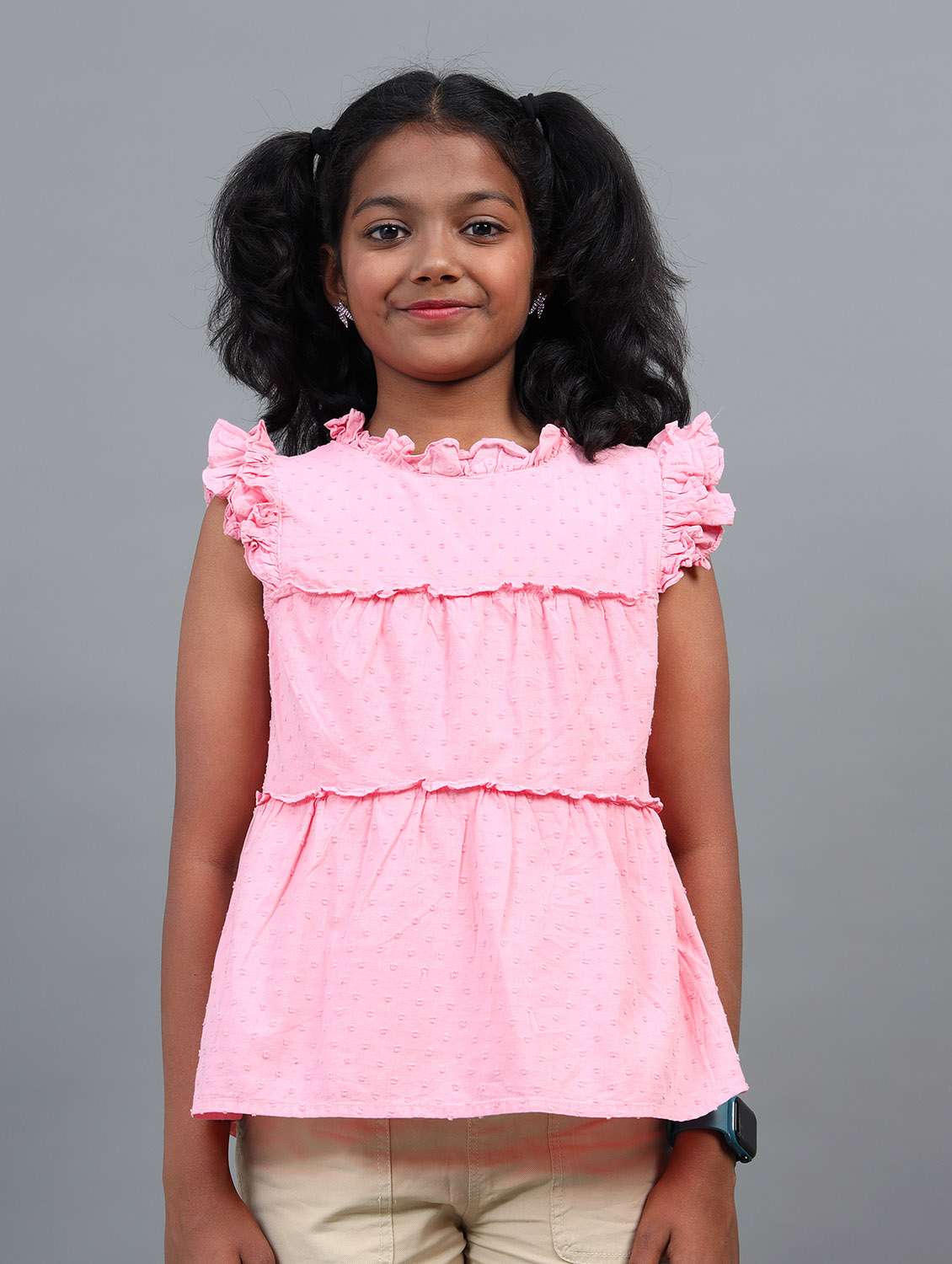 girls self designed round neck schiffli top