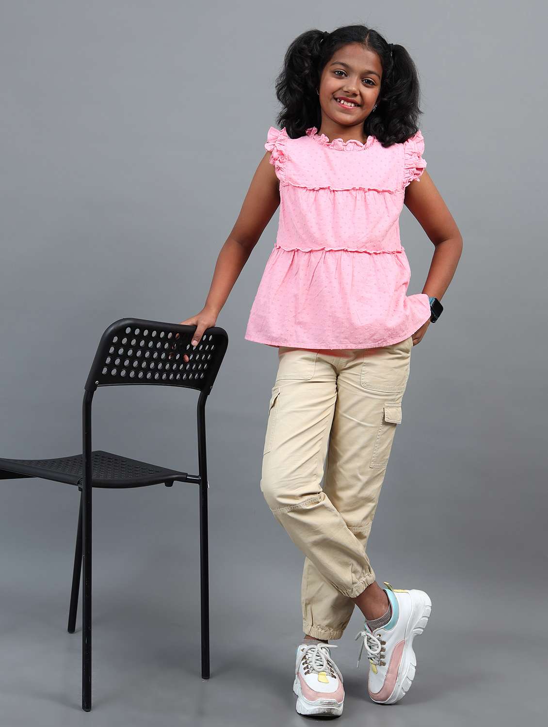 girls self designed round neck schiffli top - 22071466 - Standard Image - 3