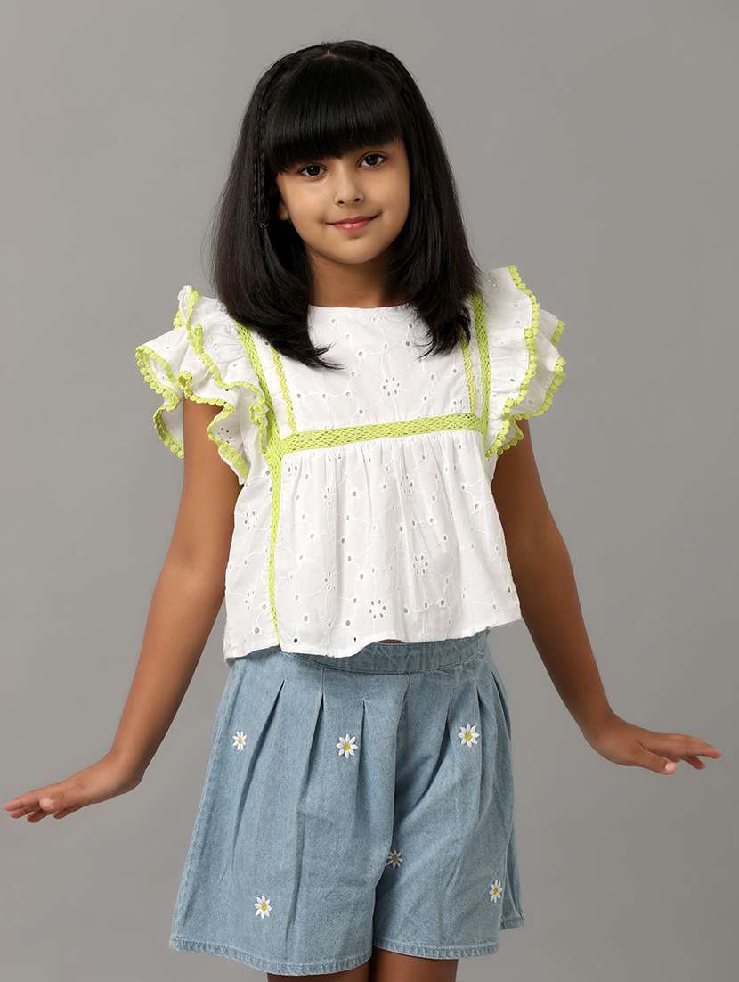 girls solid ruffle sleeve schiffli top