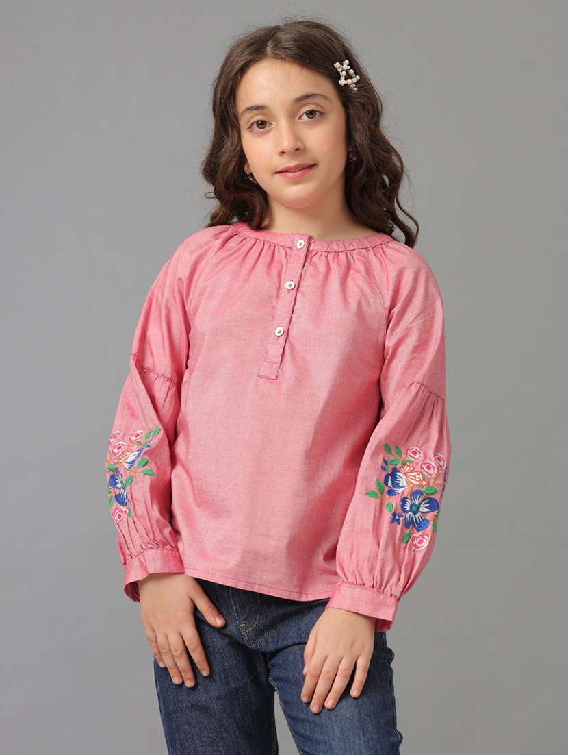 girls embroidered puff sleeve top - 22071475 -  Zoom Image - 0
