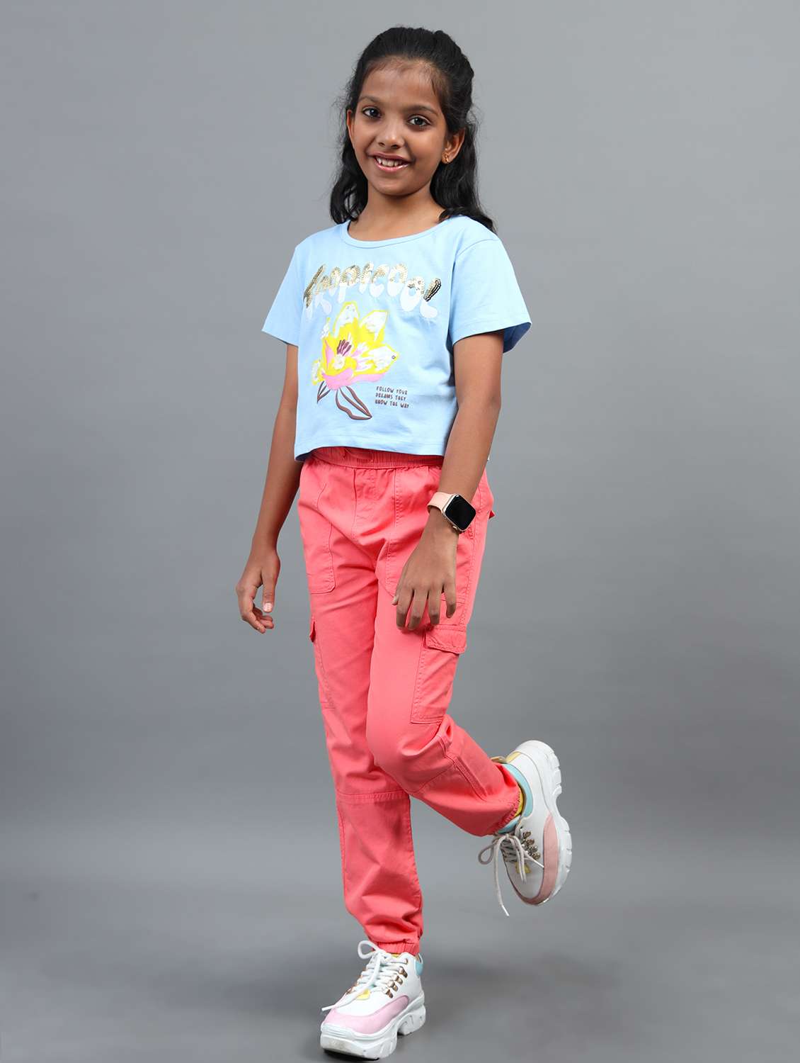 girls solid mid rise regular fit cargo - 22071495 - Standard Image - 3