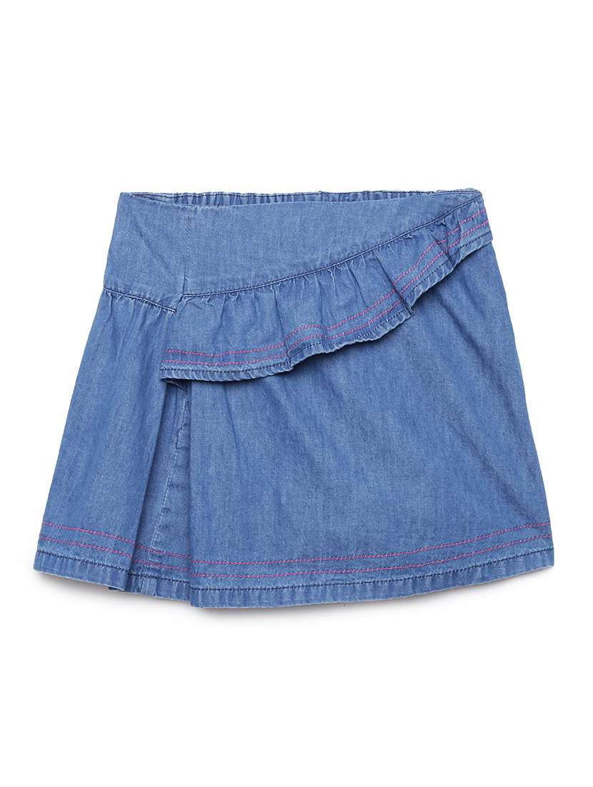 girls solid mid rise denim mini skirt