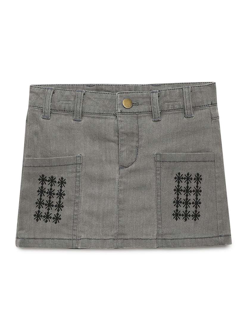 girls solid mid rise denim mini skirt