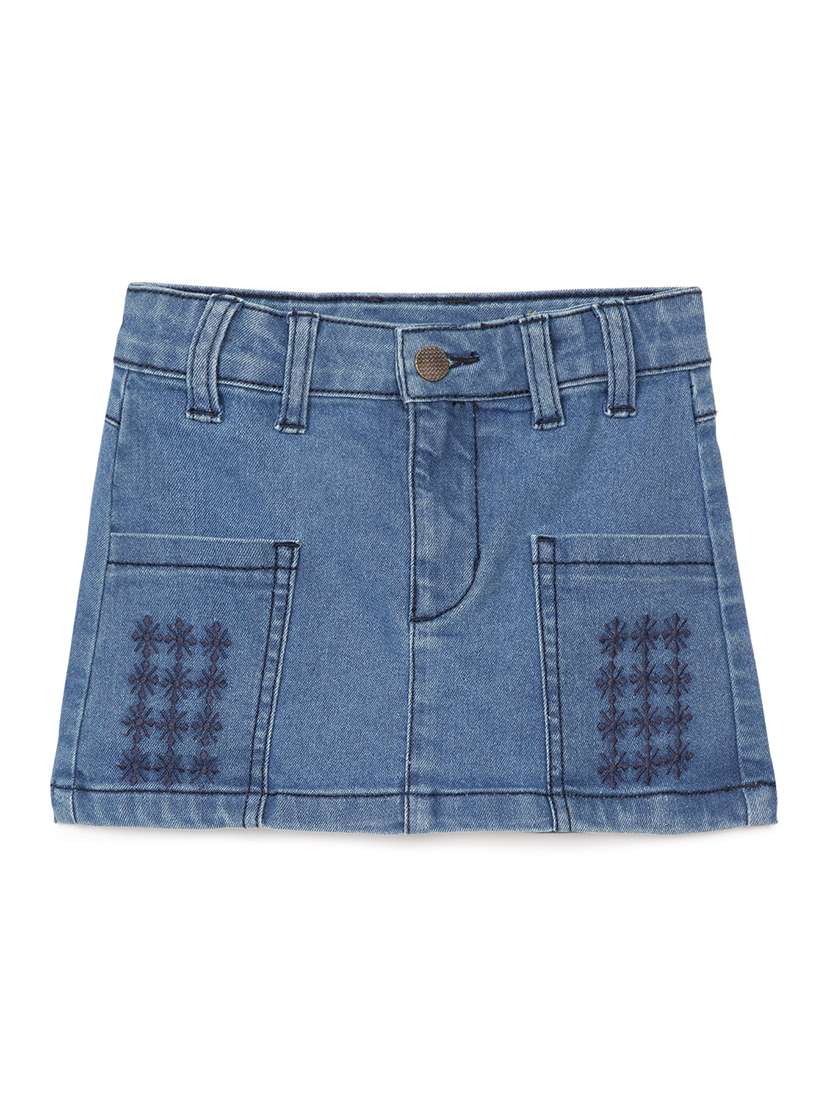 girls solid mid rise denim mini skirt
