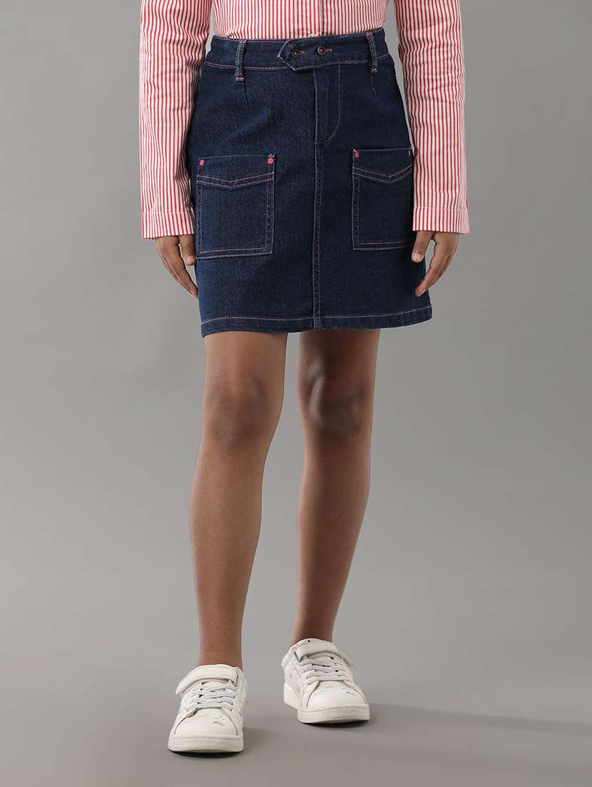 girls solid mid rise denim skirt