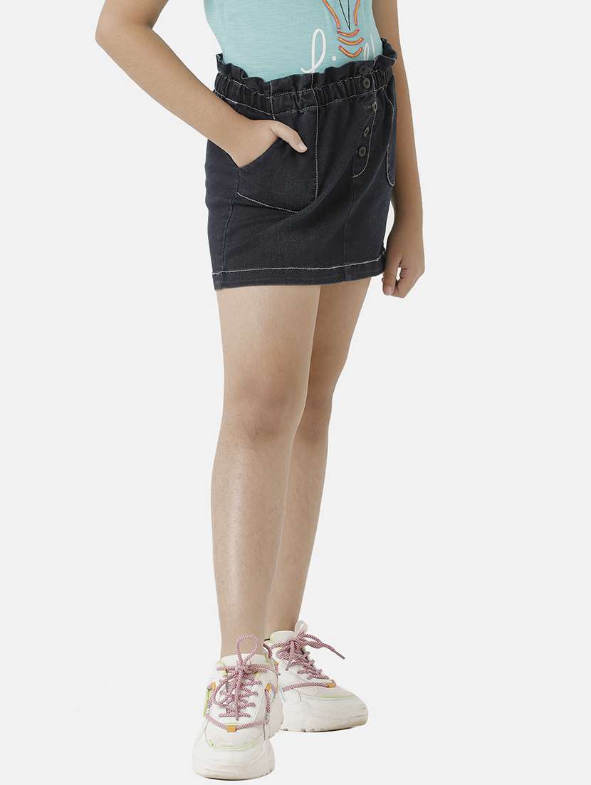 girls solid mid rise denim mini skirt