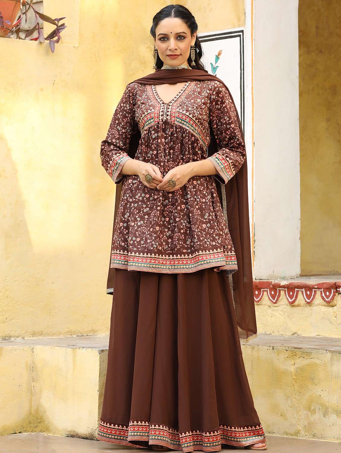 women printed three quarter sleeve kurta sharara with dupatta set - 22071532 - Zoom Image - 0