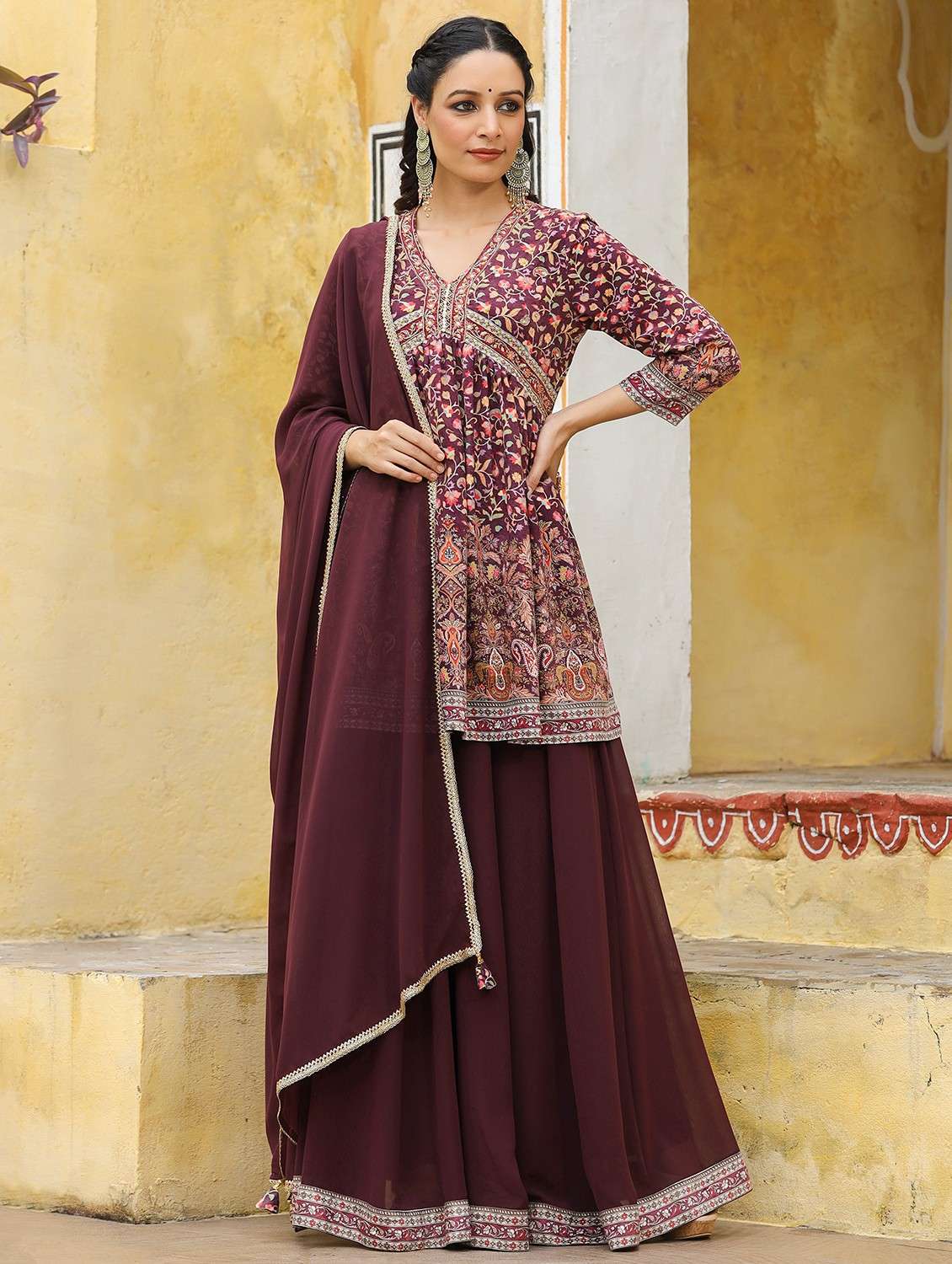 women printed three quarter sleeve kurta sharara with dupatta set - 22071533 - Zoom Image - 0