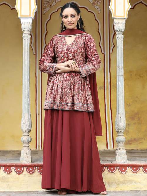women printed long sleeve kurta sharara with dupatta set