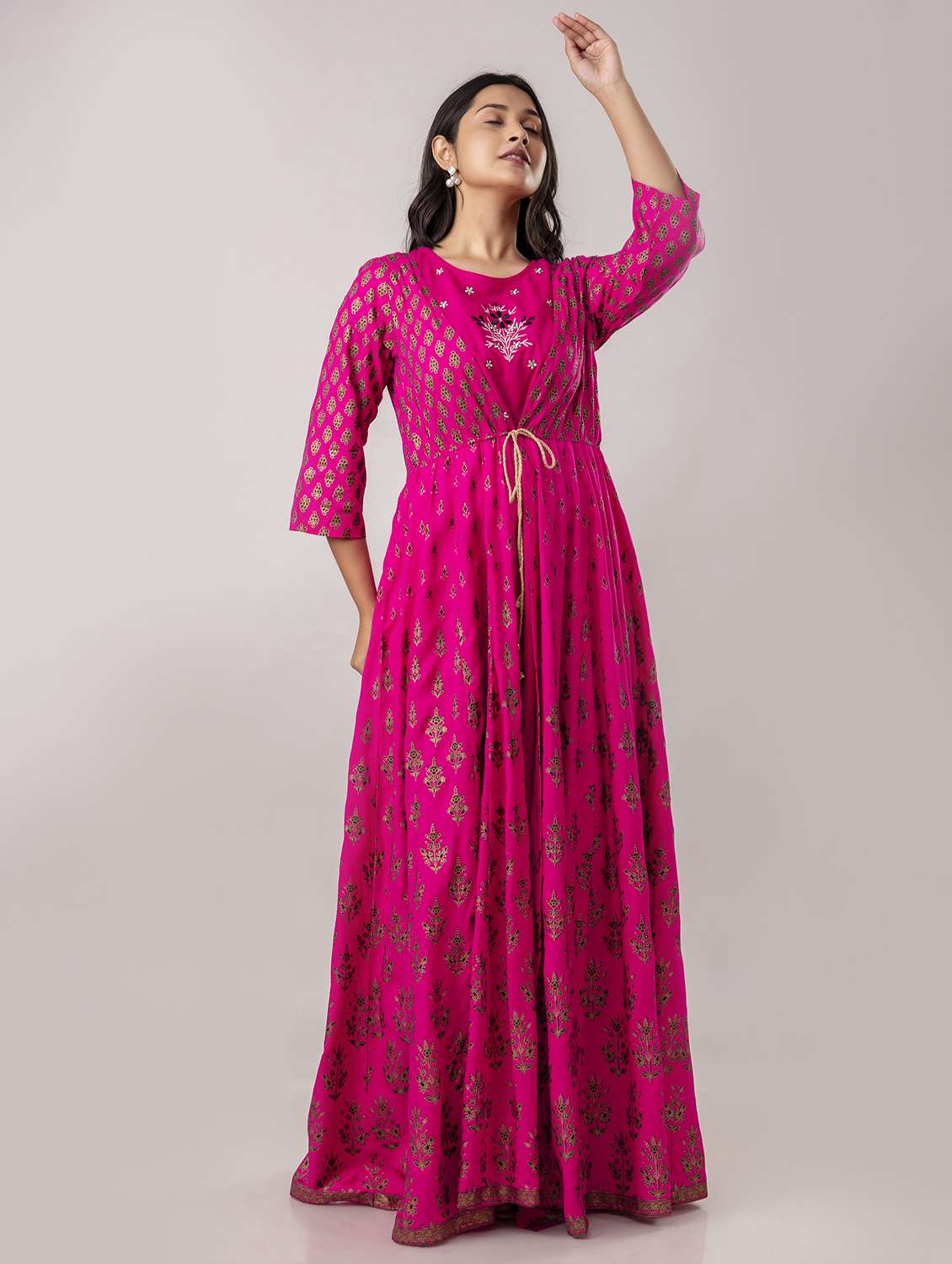 women printed three quarter sleeve ethnic dress - 22071554 - Standard Image - 5