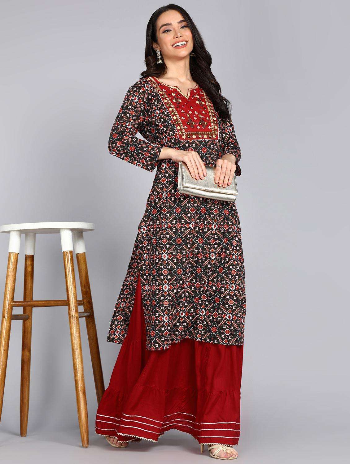 women printed three quarter sleeve straight kurta