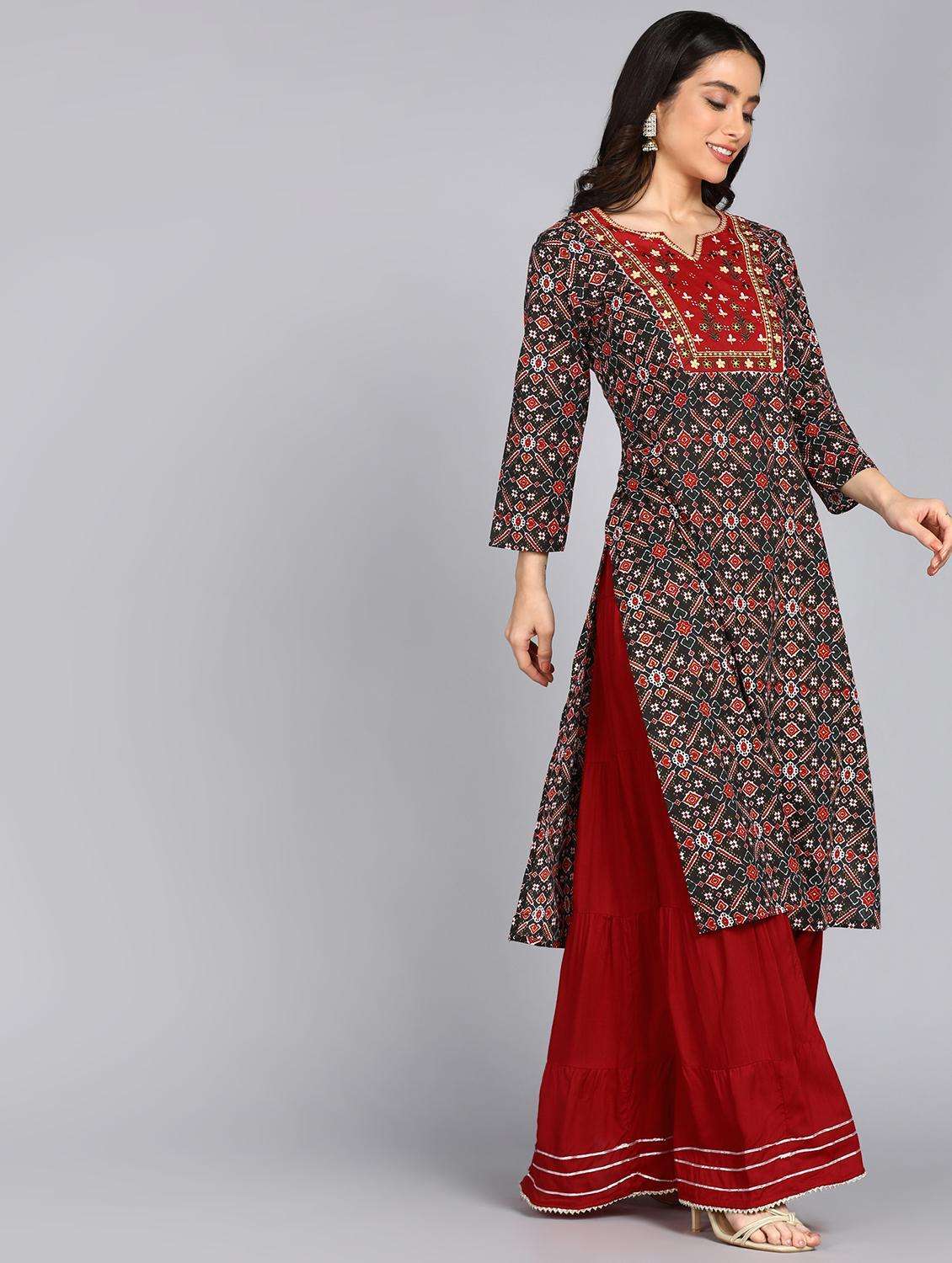 women printed three quarter sleeve straight kurta - 22071556 -  Standard Image - 3