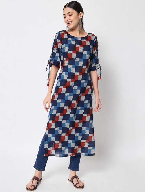 women printed three quarter sleeve straight kurta - 22071562 -  Standard Image - 0