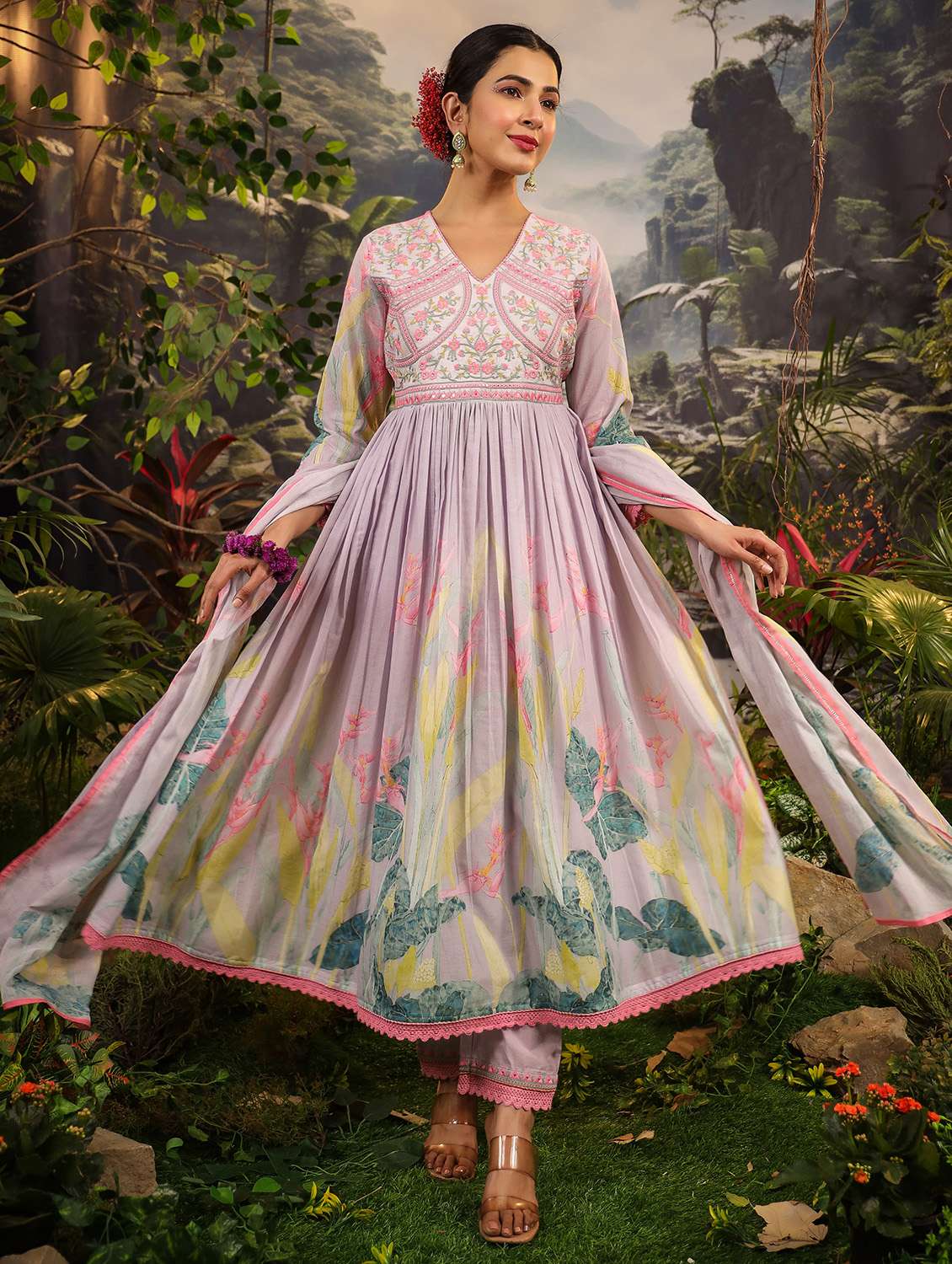 women long sleeve anarkali kurta pant with dupatta set - 22071563 - Standard Image - 3