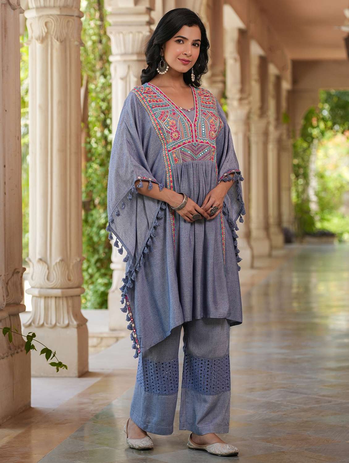 women embroidered kaftan and palazzo set - 22071565 - Standard Image - 3