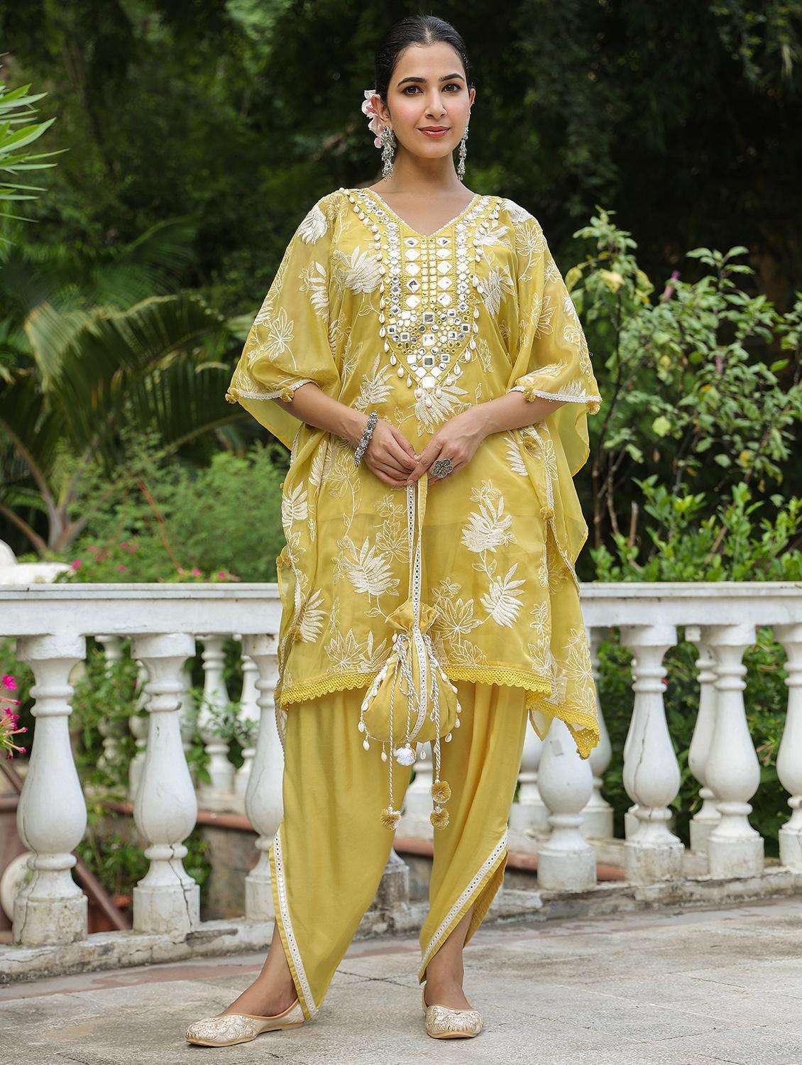 women embroidered kaftan and dhoti set