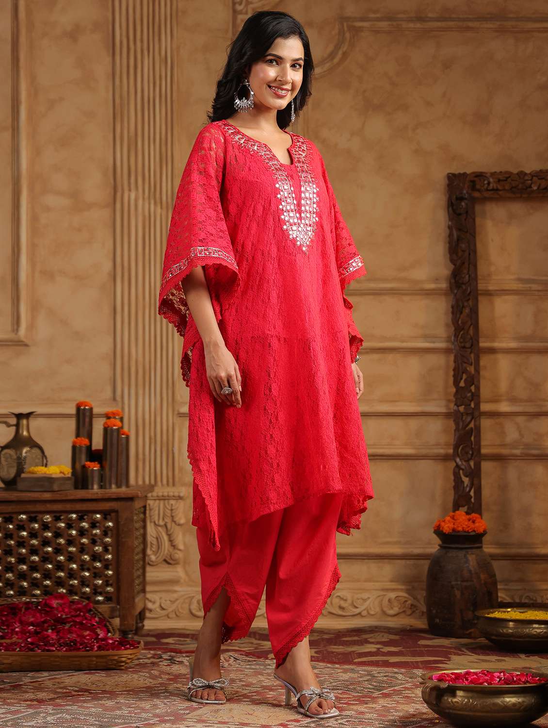 women embroidered kaftan and palazzo set - 22071574 - Standard Image - 3