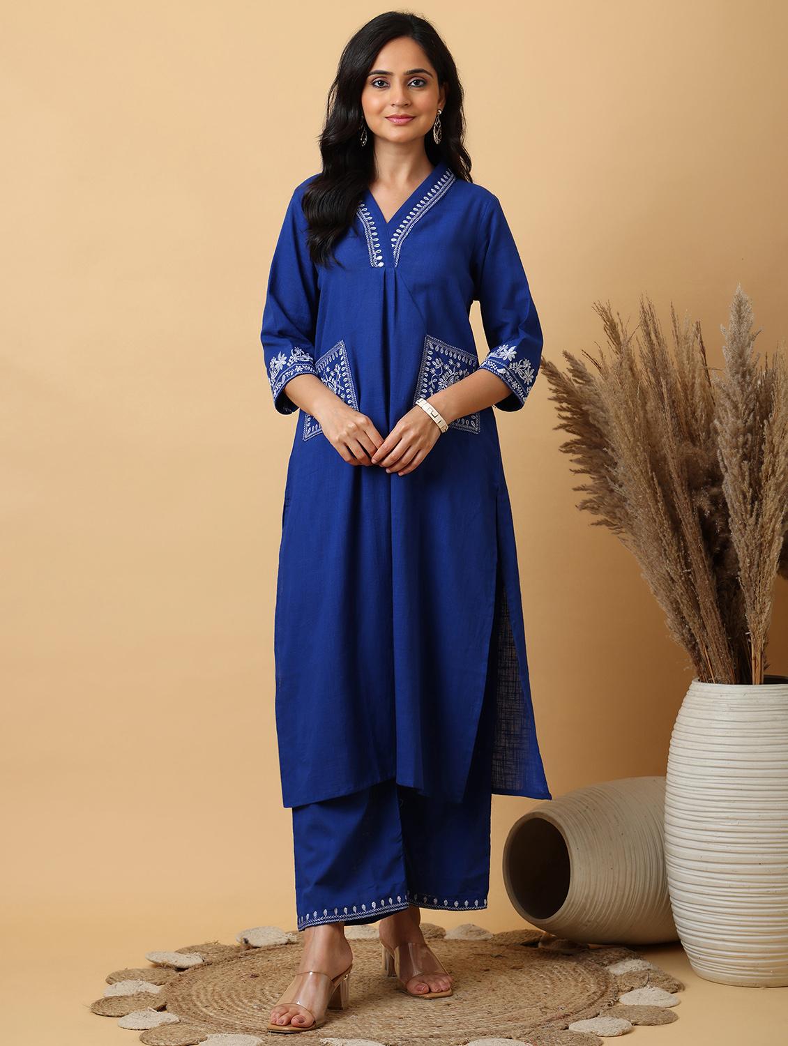 women solid with work v neck kurta palazzo set - 22071575 - Zoom Image - 0