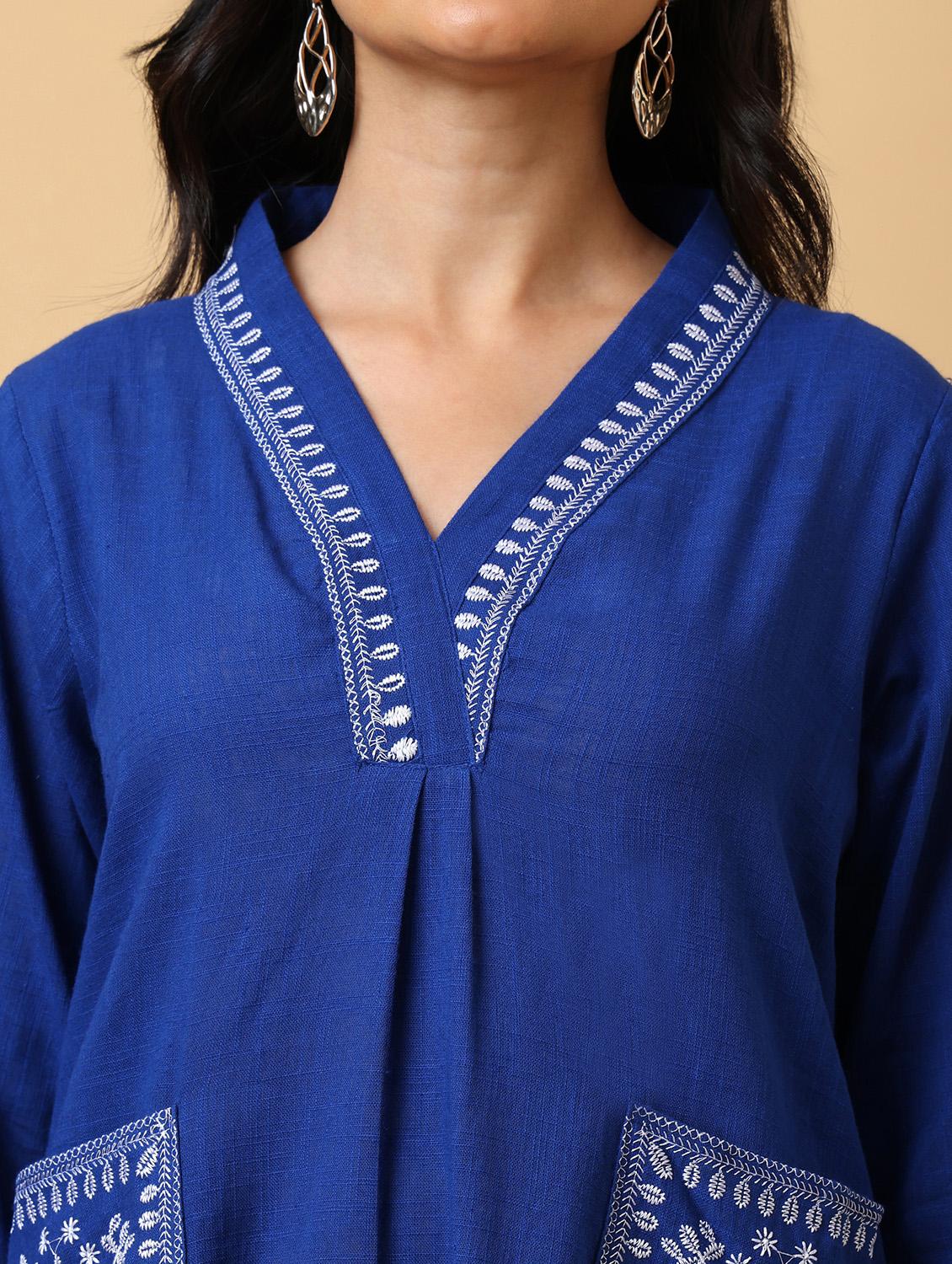 women solid with work v neck kurta palazzo set - 22071575 - Standard Image - 3