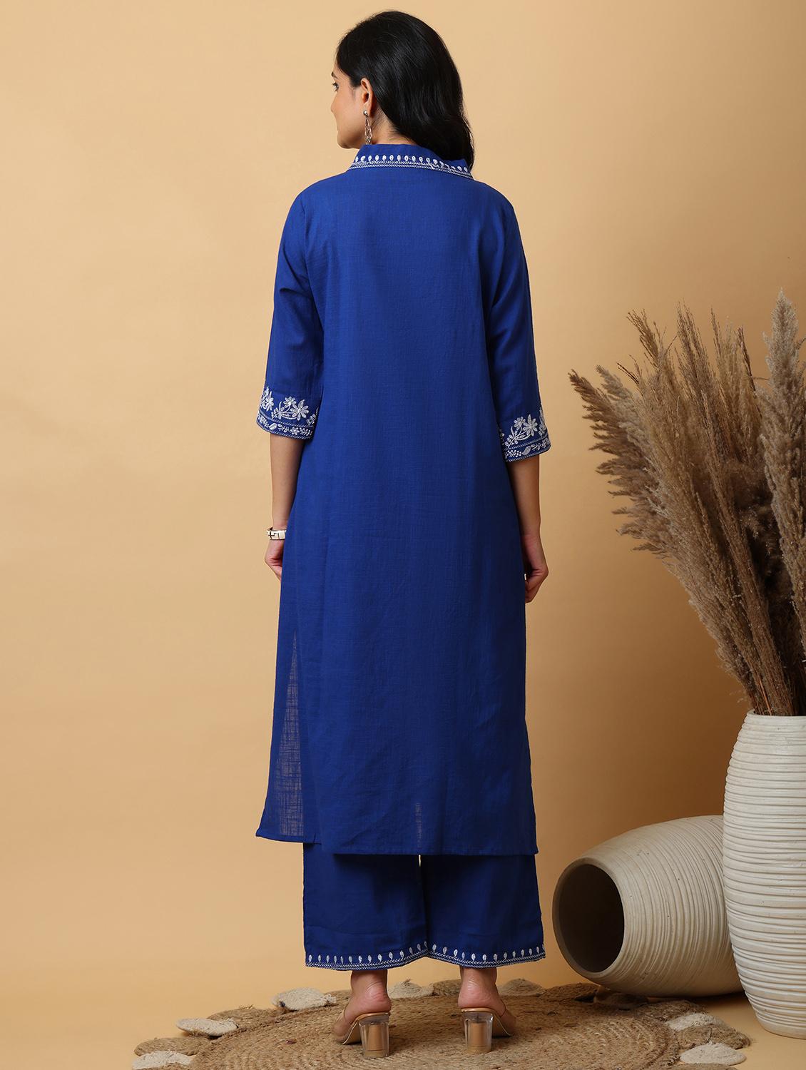 women solid with work v neck kurta palazzo set - 22071575 - Standard Image - 5