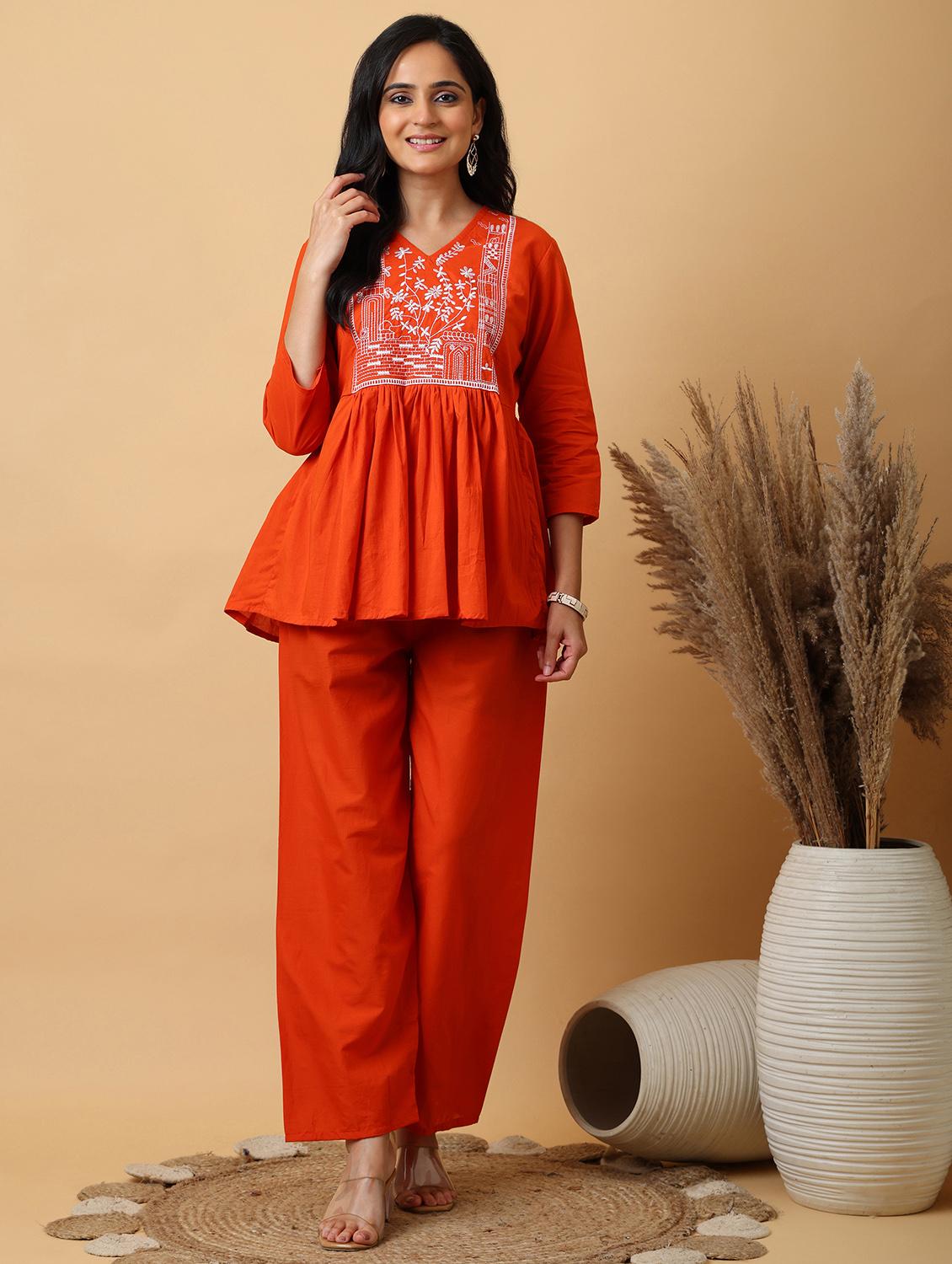 women embroidered three quarter sleeve ethnic co-ord set
