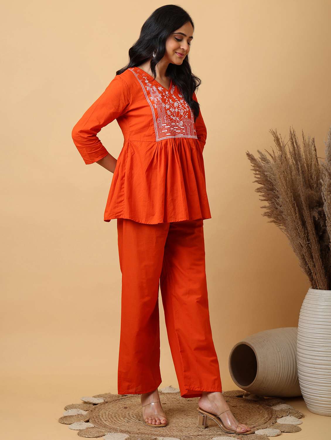 women embroidered three quarter sleeve ethnic co-ord set - 22071576 - Standard Image - 3
