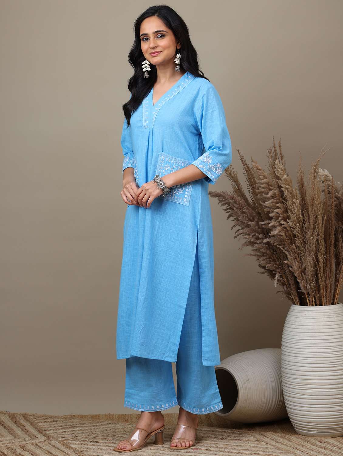 women solid with work v neck kurta palazzo set - 22071577 - Standard Image - 3