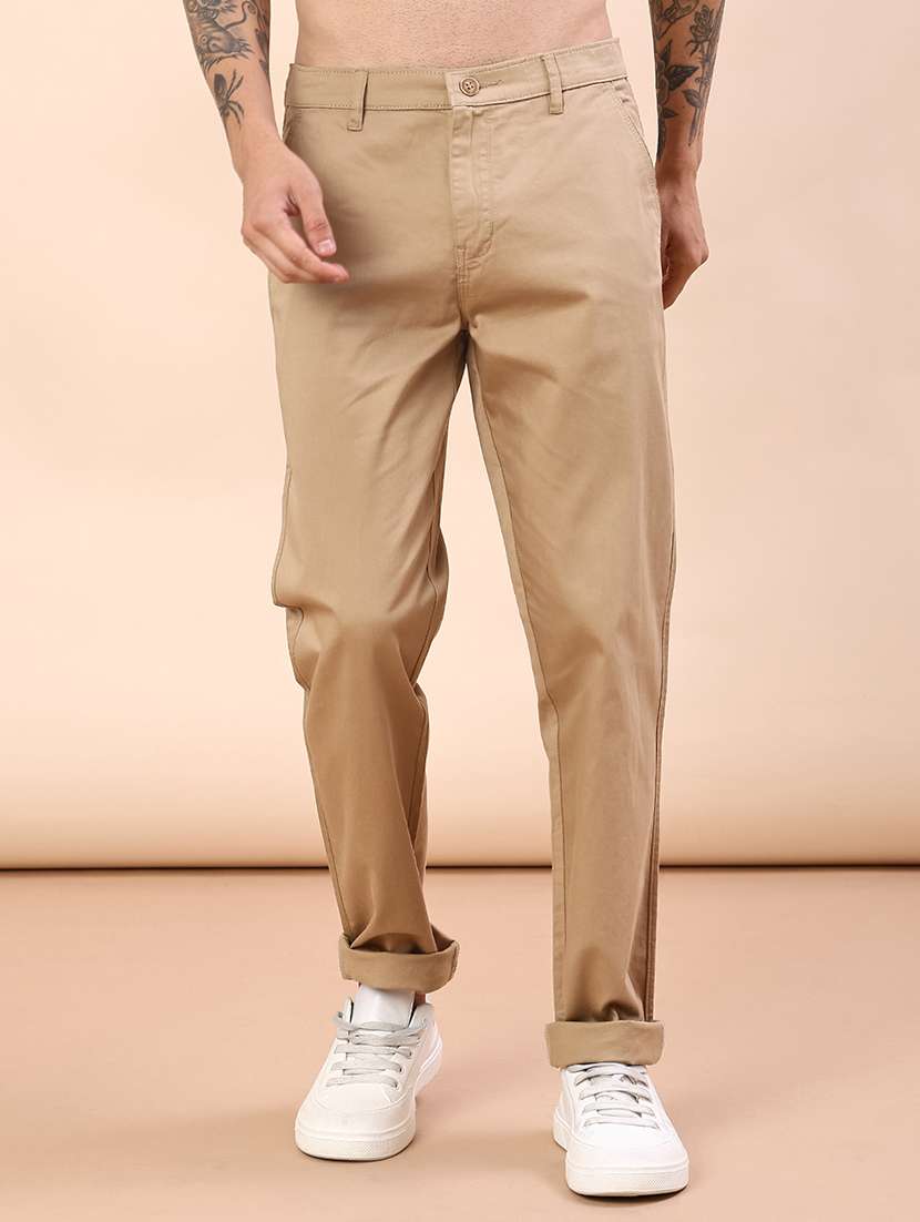 men solid mid rise chinos casual trouser
