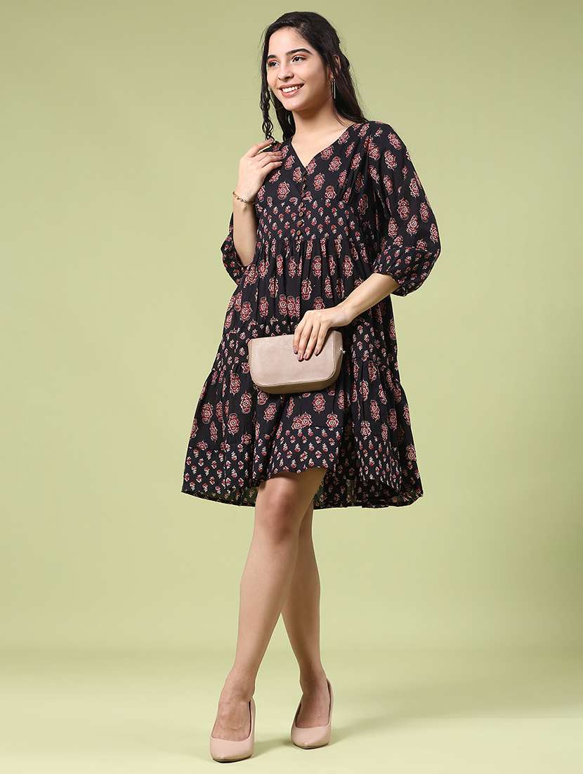Women Printed Three Quarter Sleeves Tiered Dress - 22071718 -  Standard Image - 3