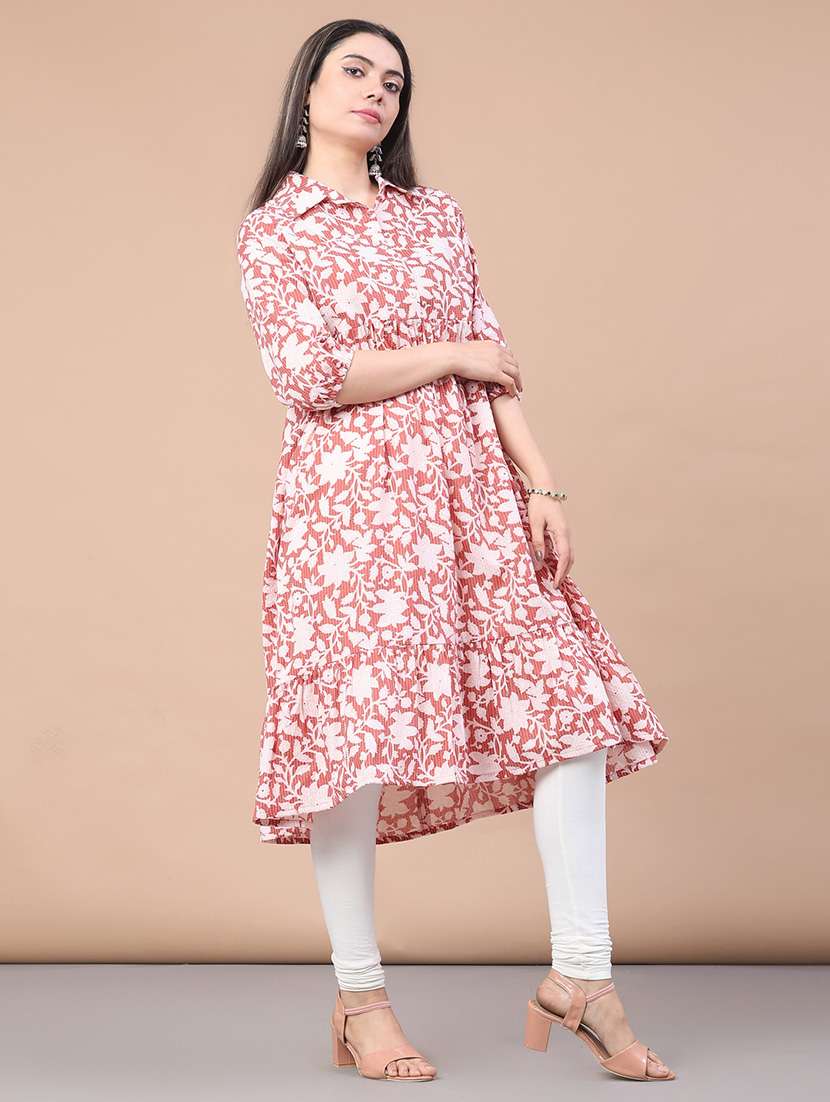 women floral three quarter sleeve tiered kurta - 22071791 -  Standard Image - 3