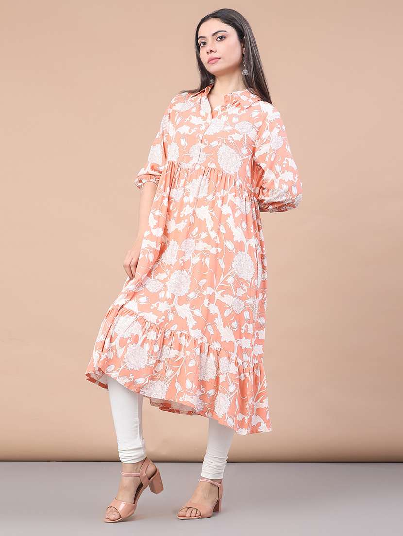 women floral three quarter sleeve tiered kurta - 22071792 -  Standard Image - 3