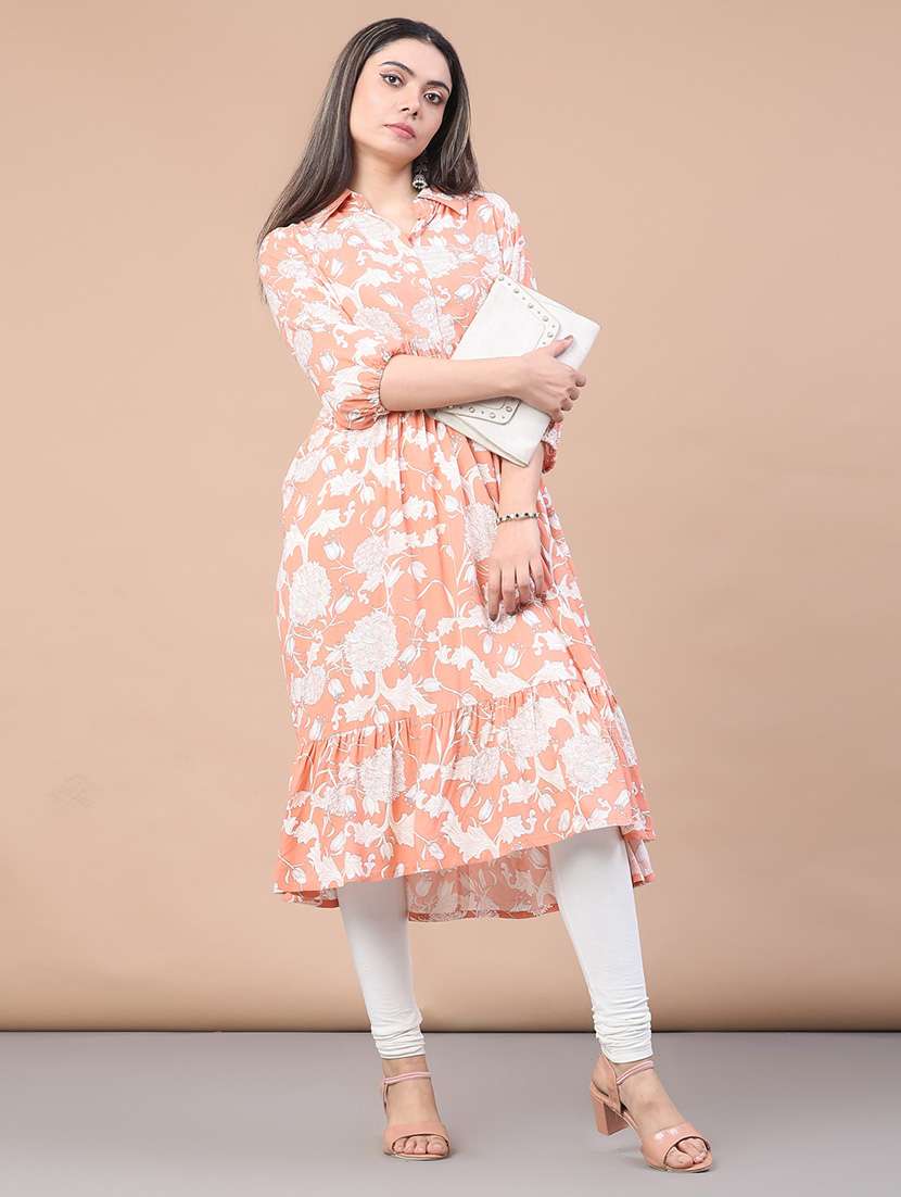 women floral three quarter sleeve tiered kurta - 22071792 -  Standard Image - 5