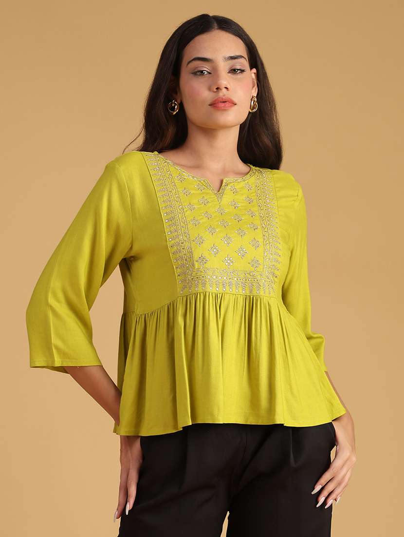 women embroidered puff sleeve flared kurti