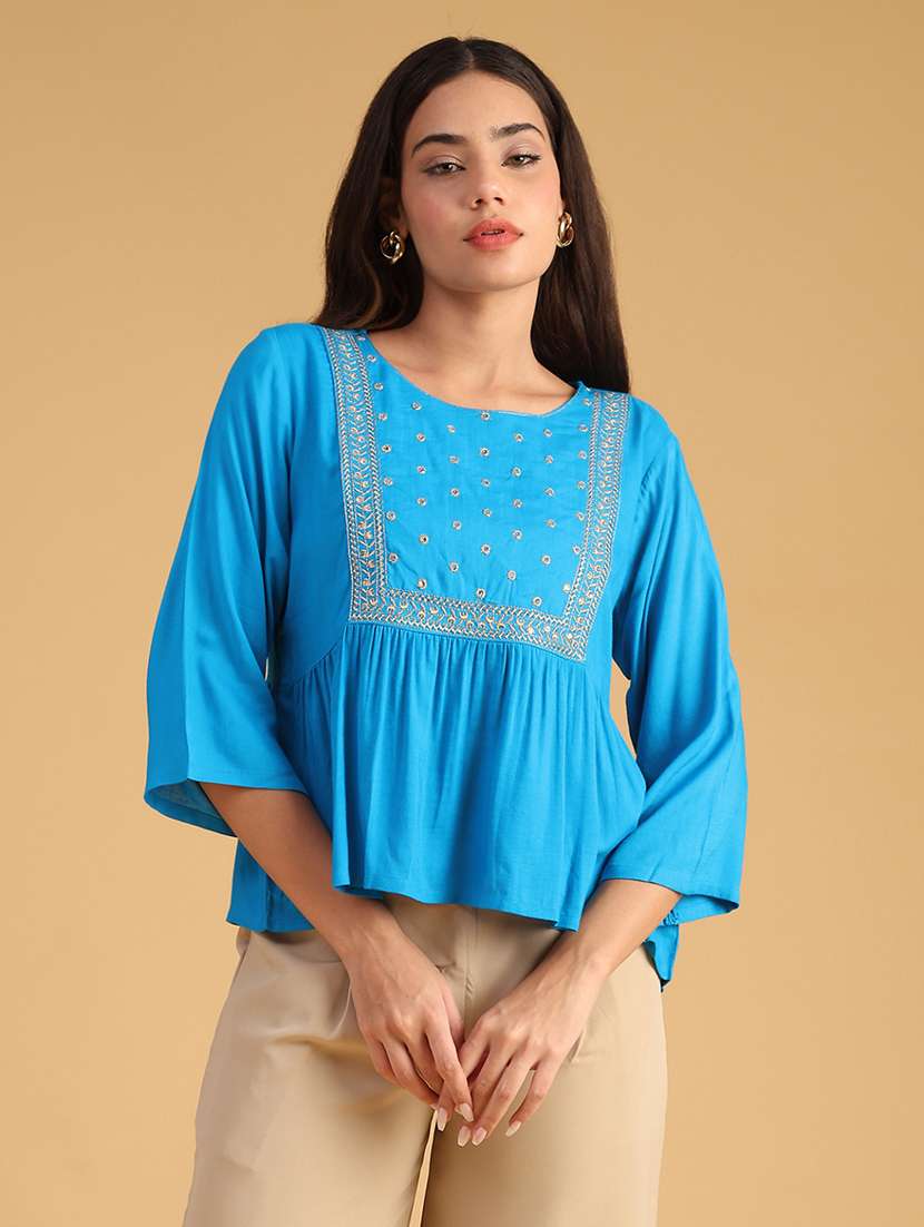 women embroidered puff sleeve flared kurti