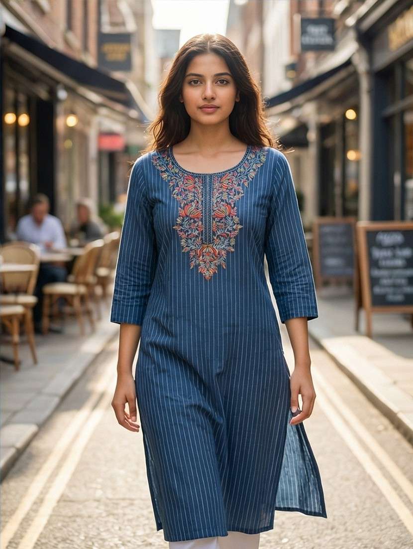 women striped three quarter sleeve straight kurta