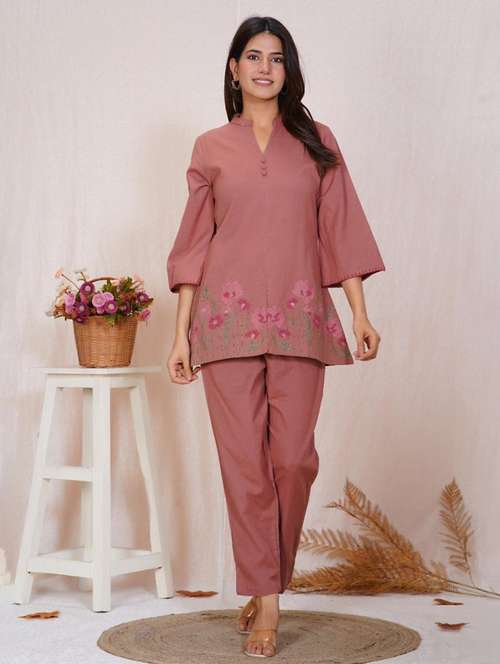 women embroidered three quarter sleeve ethnic co-ord set - 22072034 - Standard Image - 0