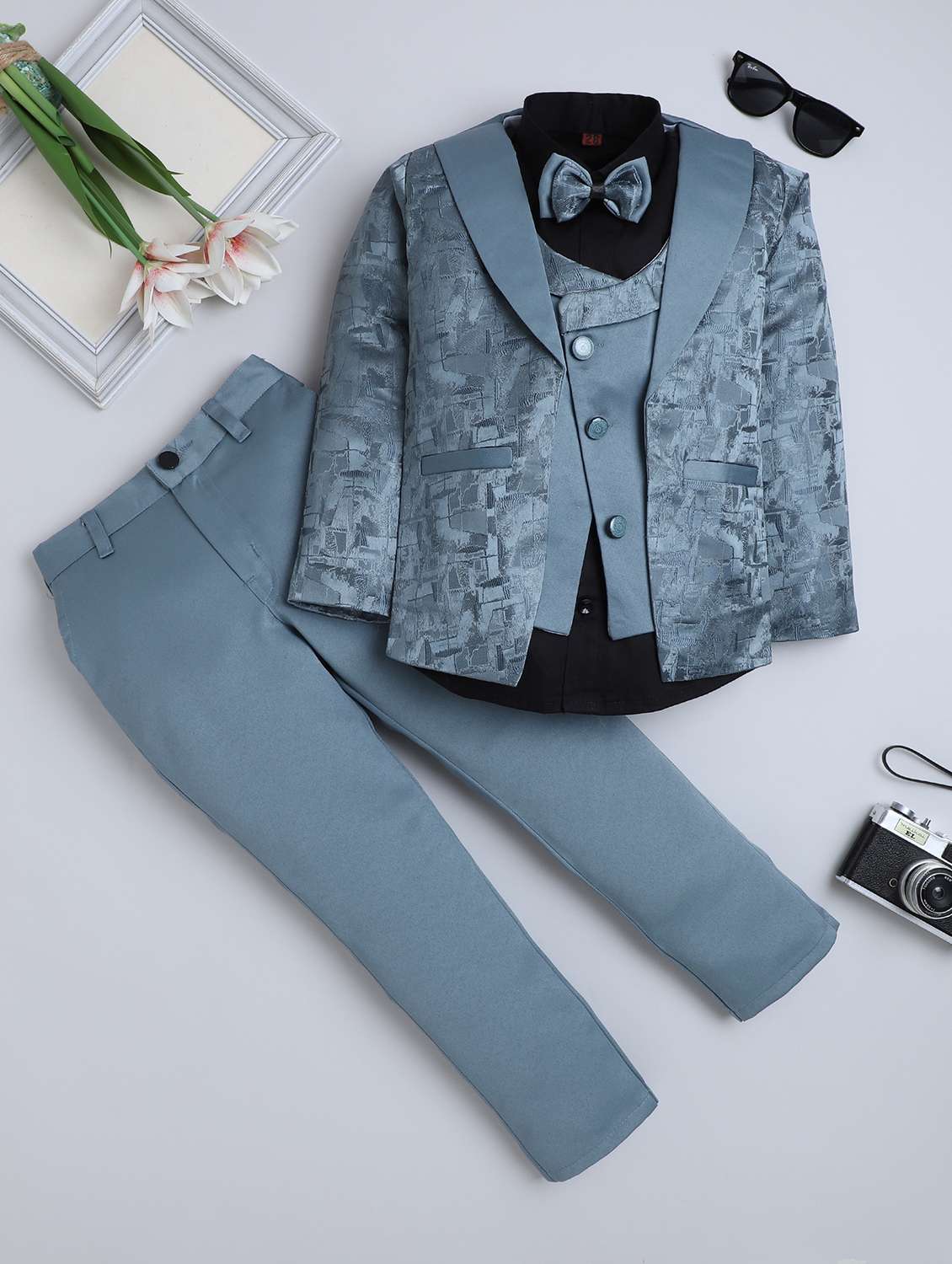 boys self designed blazer and trouser with shirt set