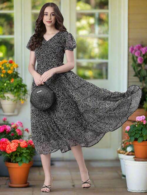 women printed flared sleeve tiered dress - 22072050 - Standard Image - 0
