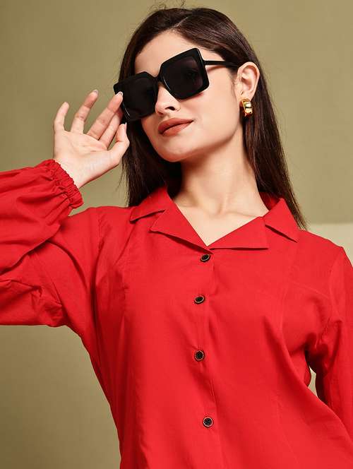 women solid lapel neck puff sleeve long shirt - 22072051 - Standard Image - 0