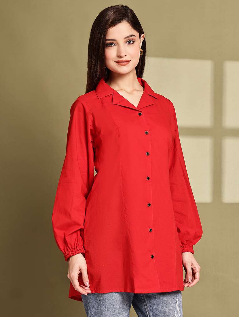 women solid lapel neck puff sleeve long shirt - 22072051 - Standard Image - 3