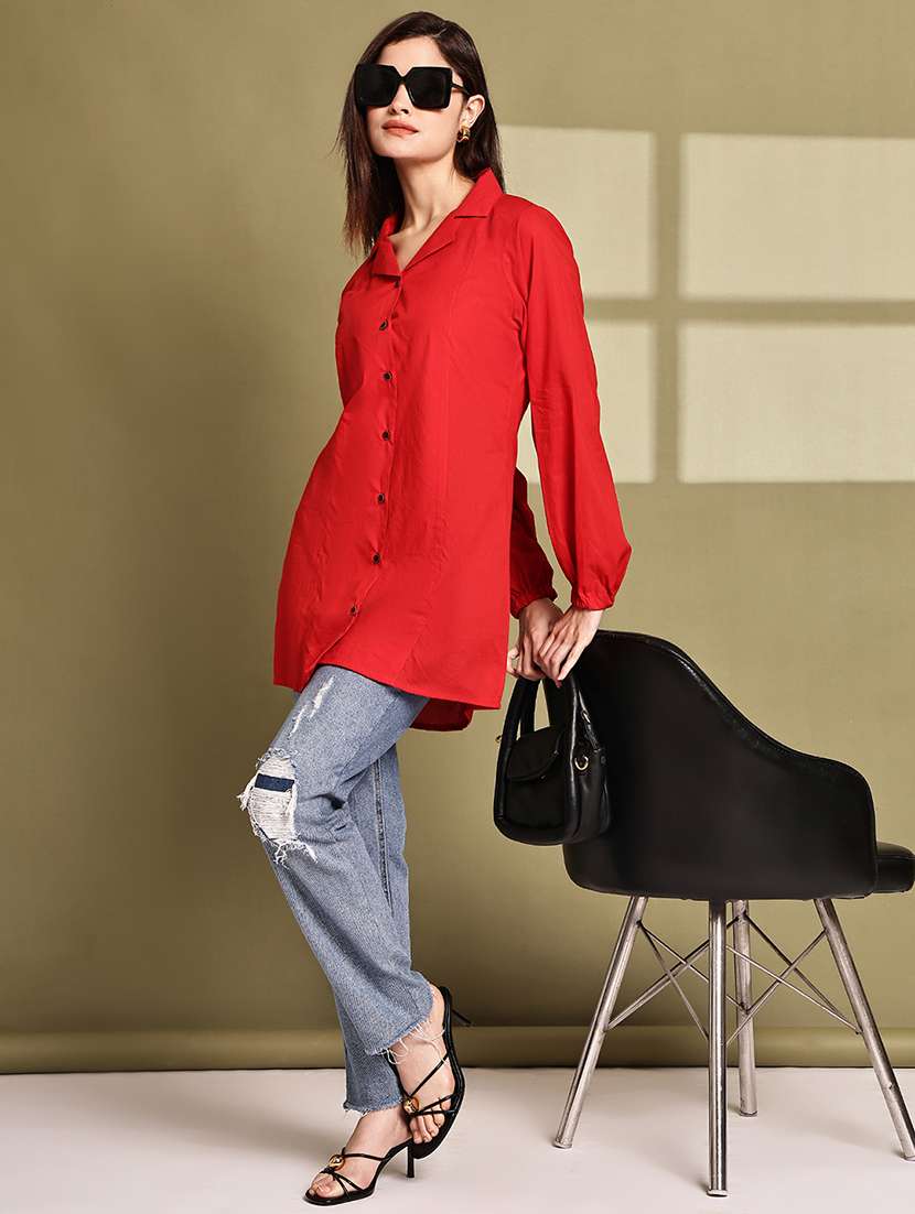 women solid lapel neck puff sleeve long shirt - 22072051 - Standard Image - 5