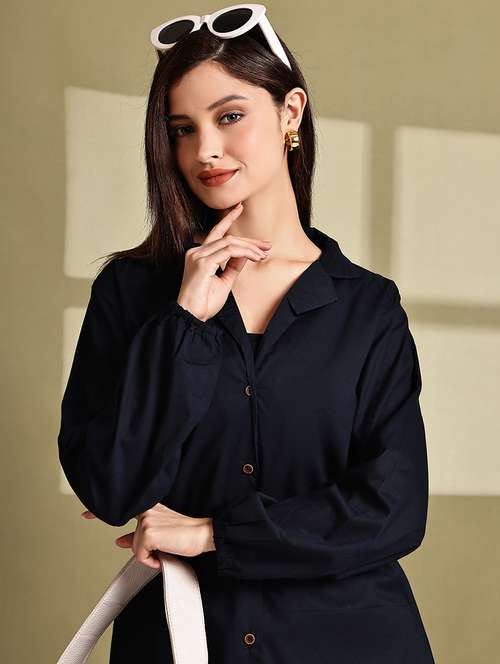 women solid lapel neck puff sleeve long shirt - 22072052 -  Standard Image - 0