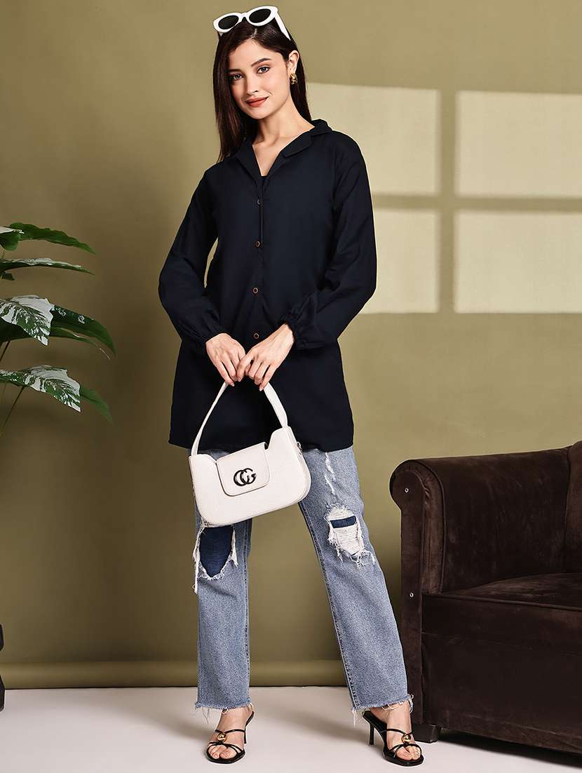 women solid lapel neck puff sleeve long shirt - 22072052 - Standard Image - 5